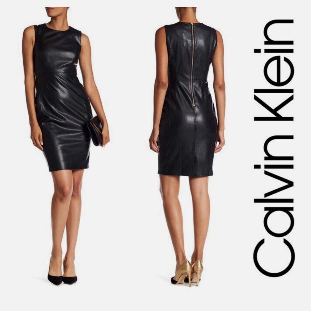 CALVIN KLEIN Sleeveless Black Faux Leather Sheath Dress